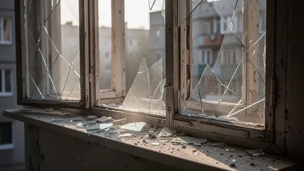 Розбите скло та пошкоджені віконні рами багатоповерхівки після вибухової хвилі