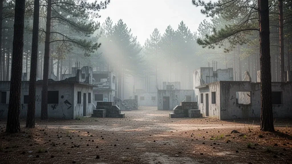 Тренувальний військовий полігон для міського бою з макетами будівель серед лісу на світанку