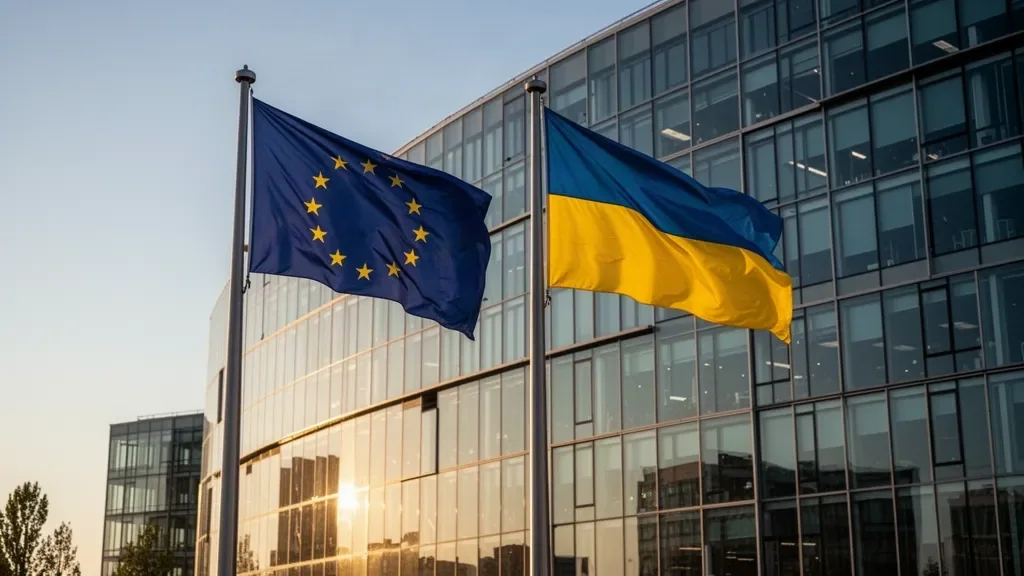 Флаг Европейского Союза рядом с флагом Украины на фоне современного здания