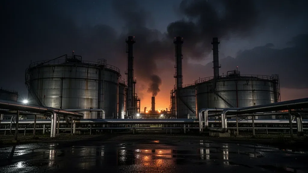 Ночной вид на промышленные резервуары и конструкции нефтеперерабатывающего завода с отблесками пламени на металле