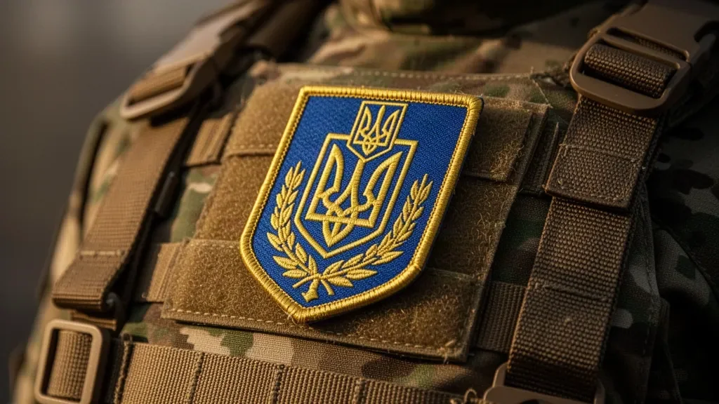 Шеврон Генерального штабу Збройних сил України на польовій військовій формі з тактичним спорядженням.