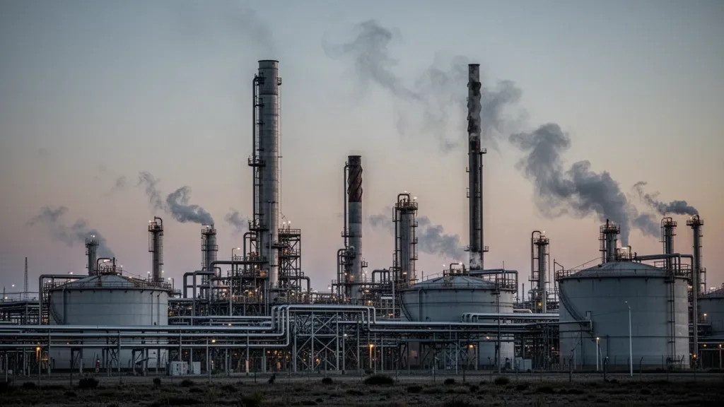 Колонны нефтеперерабатывающего завода с трубами и резервуарами на рассвете на фоне промышленного комплекса