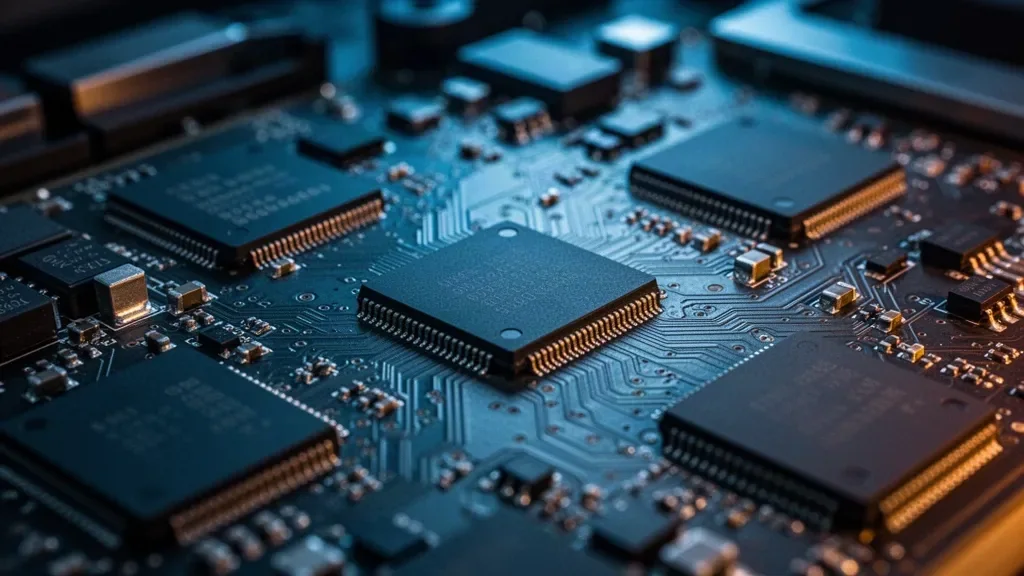 Микросхемы и электронные платы на темном технологическом фоне