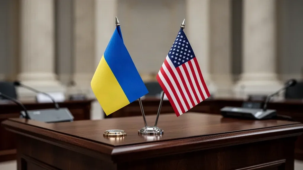 Синьо-жовтий прапорець України та прапорець США на дипломатичній трибуні для переговорів