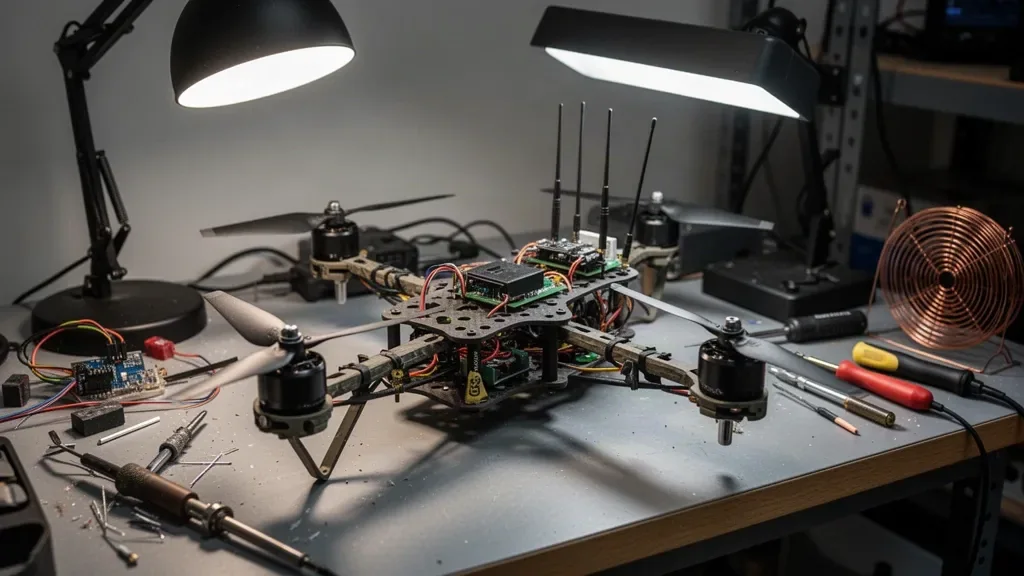 FPV-дрон и антенна связи на столе полевой инженерной лаборатории