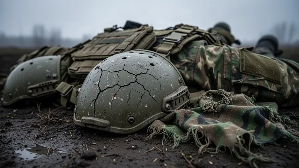 Военные шевроны и элементы армейского снаряжения на фоне поврежденной бронеплиты