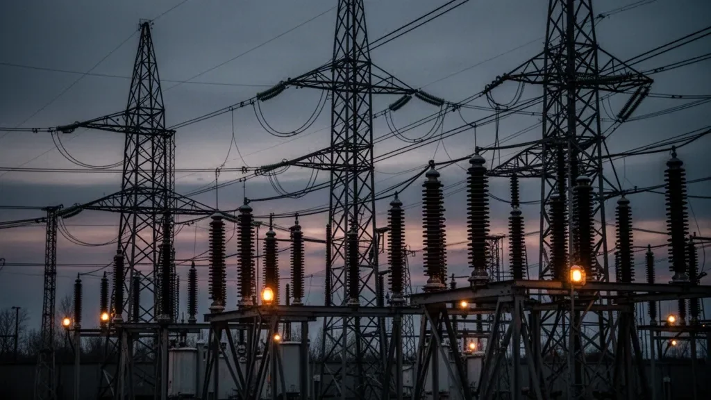 Високовольтні лінії передачі електроенергії на фоні трансформаторної підстанції в сутінках