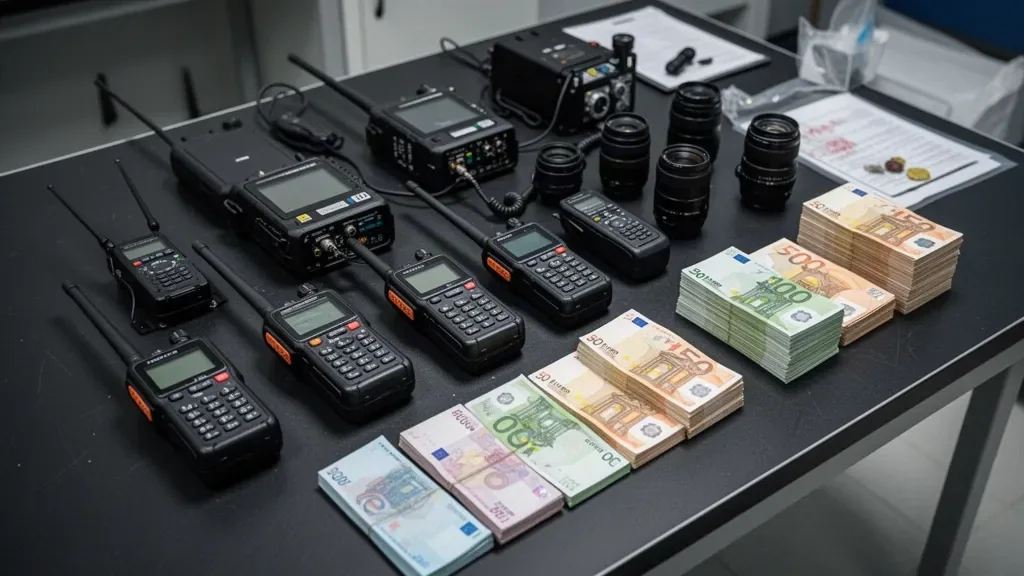 Детектор радіосигналів, камери стеження та вилучена валюта на оглядовому столі криміналістів