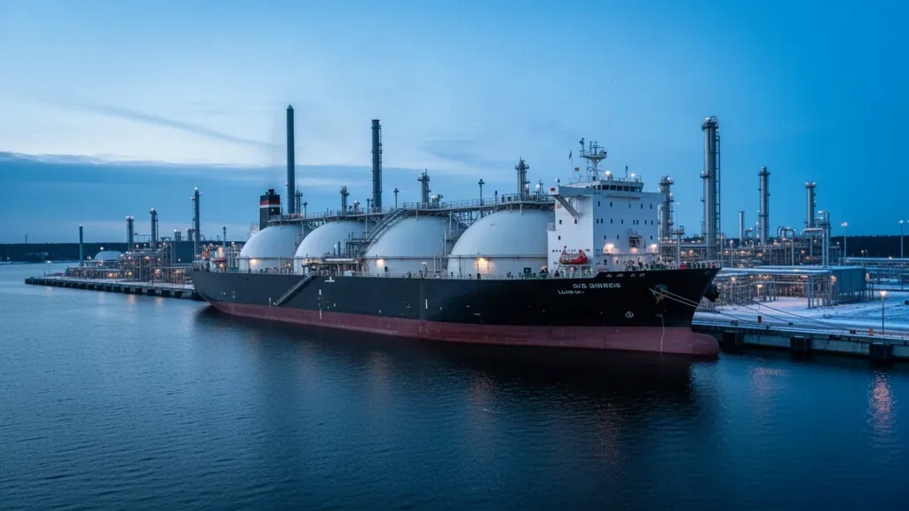 Танкер для перевезення скрапленого газу біля морського термінала в порту
