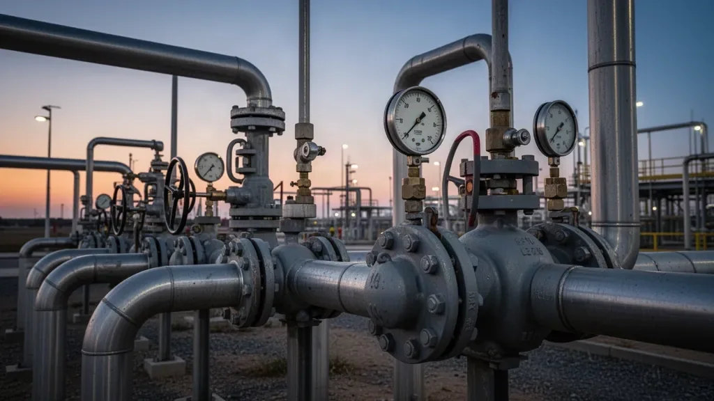 Трубопроводная инфраструктура и нефтегазовый терминал на фоне заката