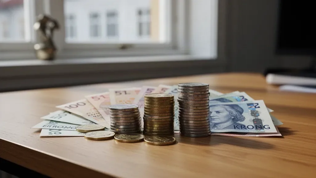 Паперові банкноти норвезьких крон та монети на столі поруч із прапорцем Норвегії