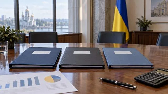 Три папки із законопроєктами на столі поруч із фінансовим графіком на тлі прапора України