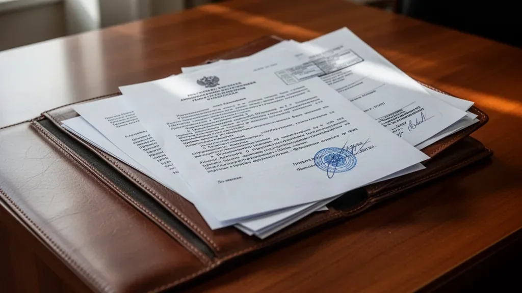 Папка с официальными правительственными документами и законами на деревянном столе