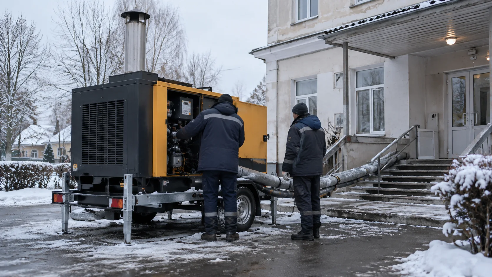 Комунальні працівники перевіряють мобільну опалювальну установку біля громадської будівлі взимку