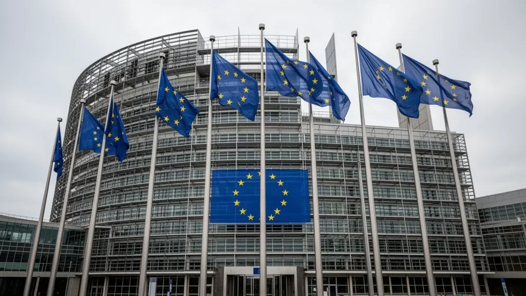 Будівля Європейського парламенту в Страсбурзі з прапорами країн ЄС