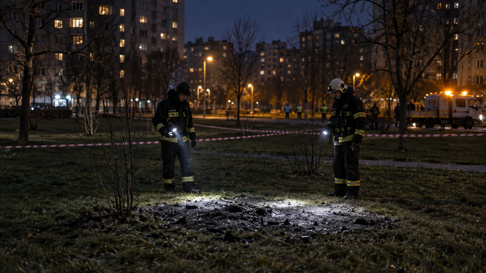 Рятувальники оглядають обгороджену ділянку міського парку вночі