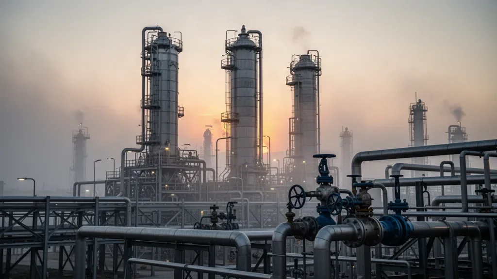Промышленные металлические колонны и трубы нефтеперерабатывающего комплекса на рассвете