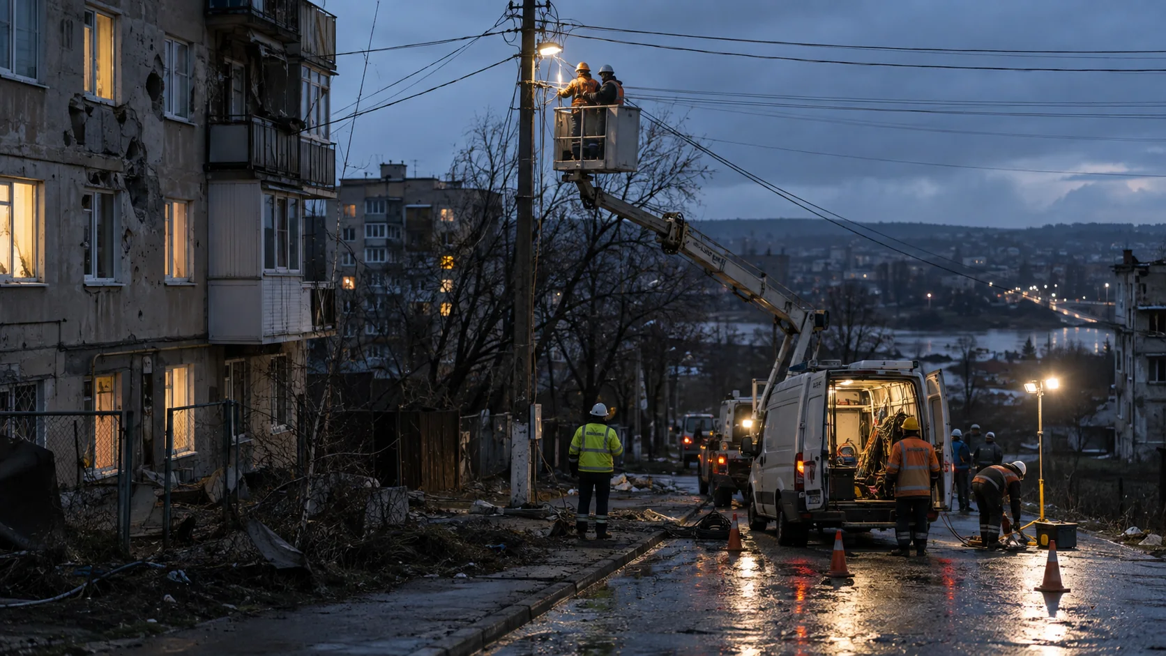 Энергетики ремонтируют повреждённую электросеть в жилом районе Изюма вечером