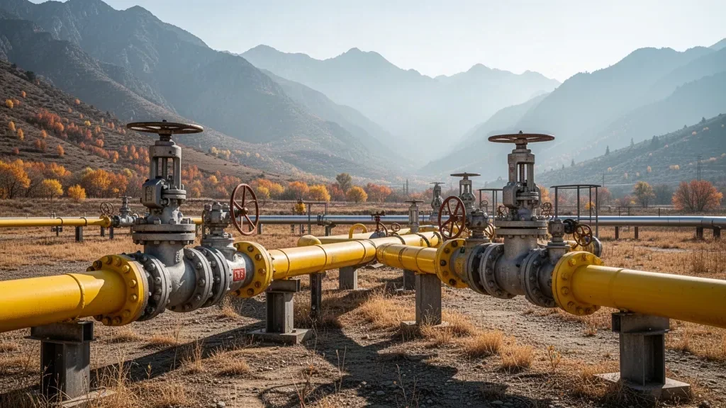 Ділянка магістрального газопроводу з запірною арматурою серед гірського рельєфу