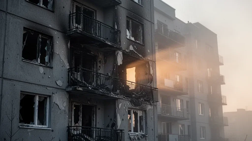Поврежденная стена многоэтажного жилого дома и следы пожара на балконах на рассвете