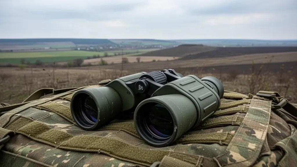 Военный наблюдает за холмами на Донбассе через бинокль