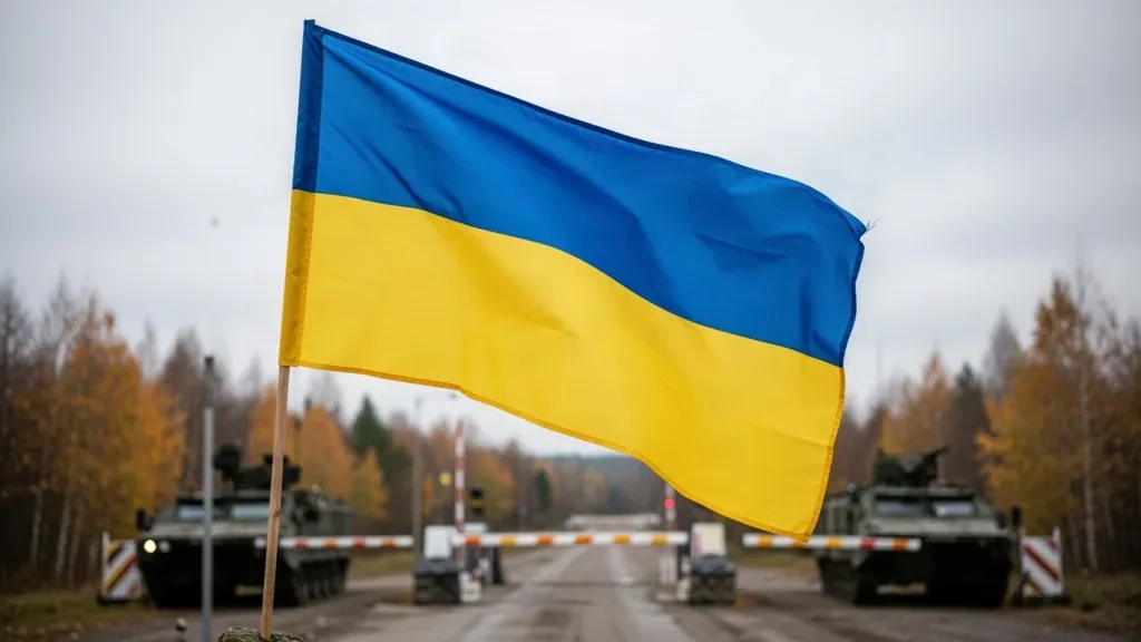 Український прапор на тлі осіннього неба біля військового блокпоста