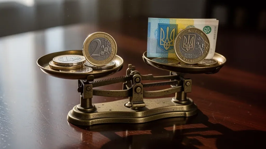 Макрофотографія монет євро та гривні, збалансованих на старовинних латунних вагах на дерев'яному столі.