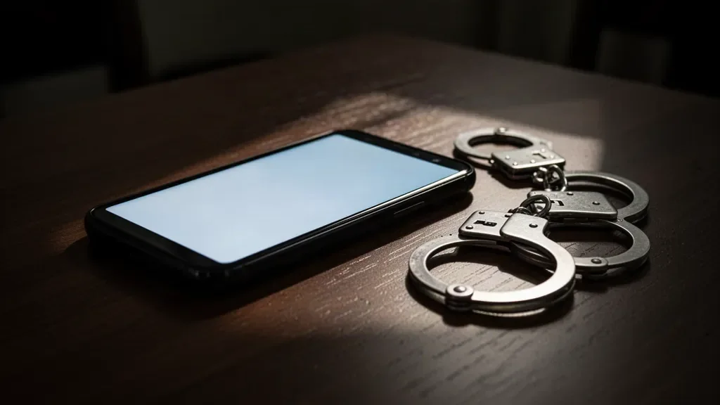 Смартфон з увімкненим екраном лежить поруч із кайданками на темному дерев'яному столі.