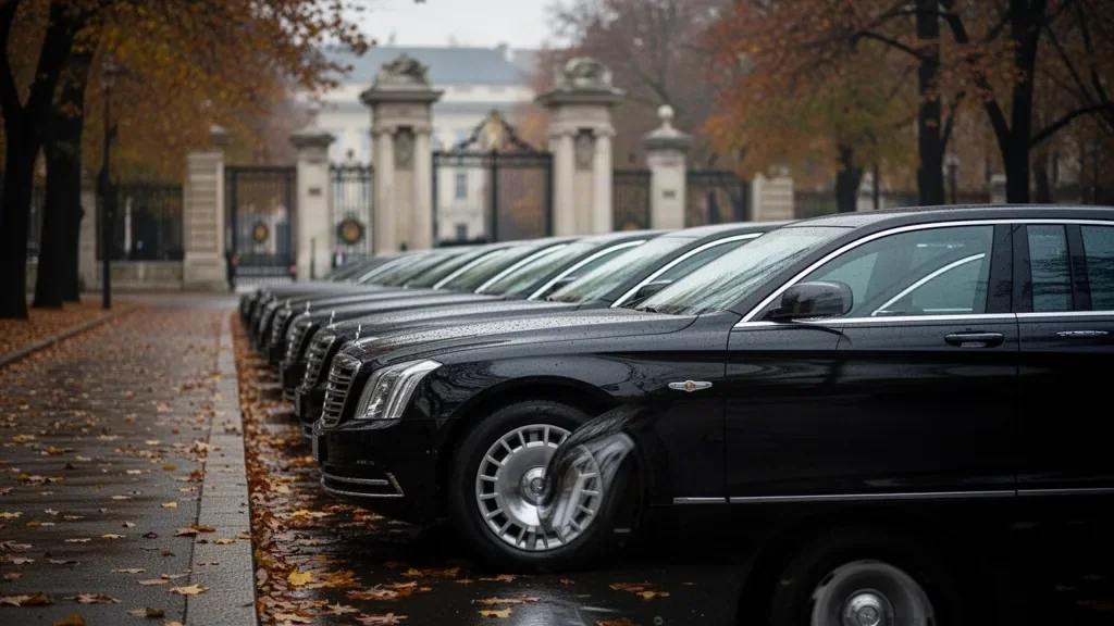 Колона чорних дипломатичних автомобілів на вологій вулиці Будапешта на тлі кованих воріт у похмурий осінній день.