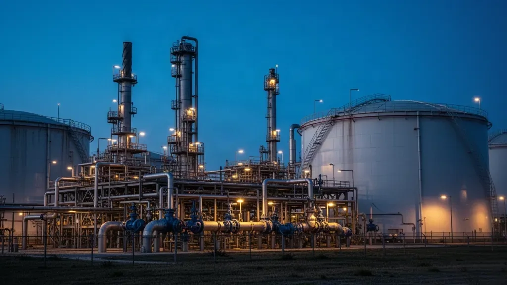 Металлические трубы и резервуары нефтеперерабатывающего завода в вечерних сумерках