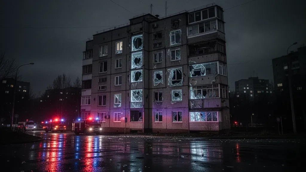 Фасад висотного будинку з вибитими шибками та темні міські вікна після нічної атаки дронів