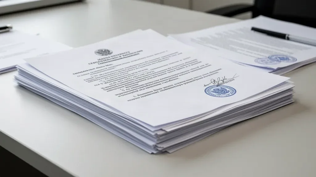Официальные бумажные документы и распечатки со штампами на рабочем столе в государственном учреждении