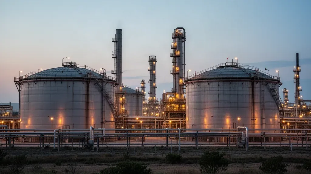 Крупные металлические резервуары и промышленные трубы нефтеперерабатывающего завода на фоне вечернего неба