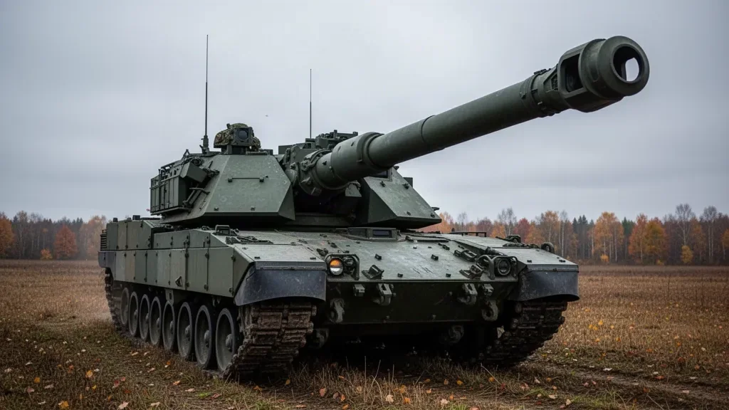 Колесная самоходная артиллерийская установка на открытой местности в поле во время боевой подготовки