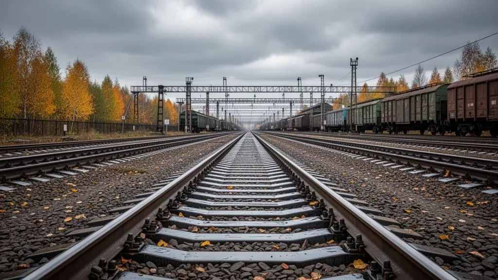 Два дизельні локомотиви на залізничних коліях у депо на тлі осінніх хмар