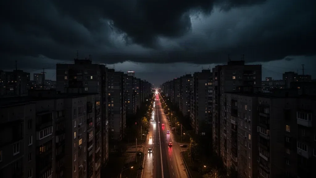 Ночное городское небо над жилыми кварталами во время воздушной тревоги