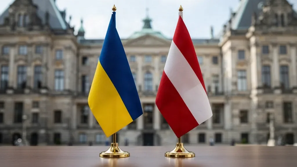 Флагштоки з прапорами України та Нідерландів на тлі адміністративної будівлі в Гаазі