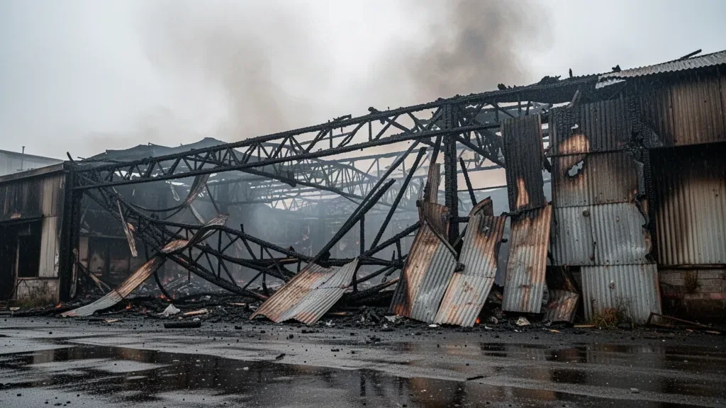 Пошкоджена металева покрівля складу та осколки після пожежі