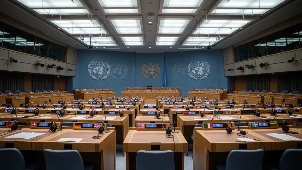 Зала засідань Ради ООН з прав людини з прапорами держав-членів