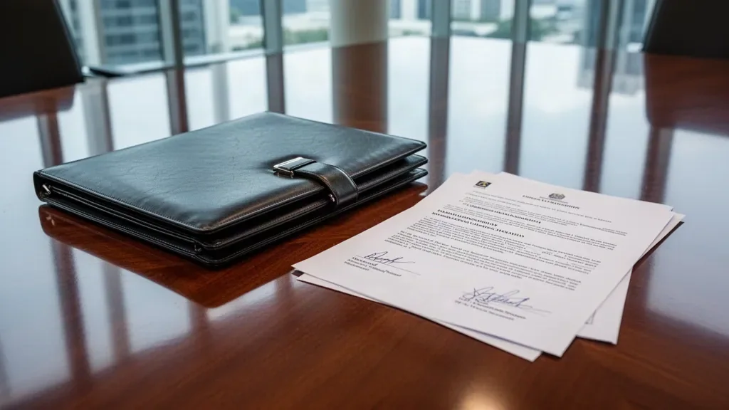 Діловий портфель та підписаний пакет інвестиційних контрактів на дерев'яному столі переговорів