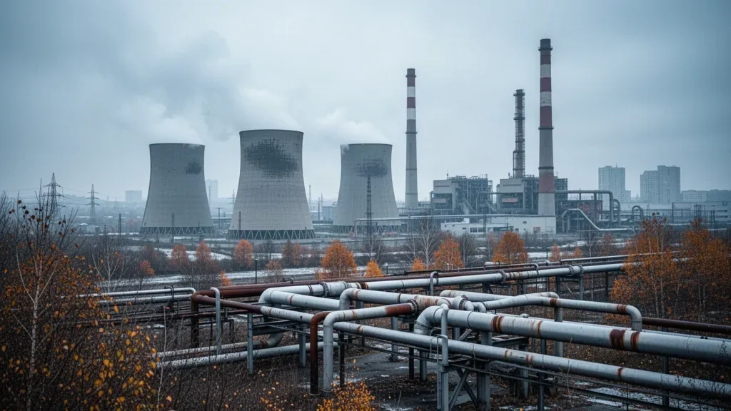 Труби теплоелектроцентралі та димові споруди енергооб'єкта восени
