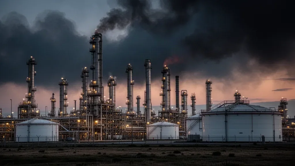 Металеві резервуари та ректифікаційні колони нафтопереробного заводу в сутінках на тлі темного неба