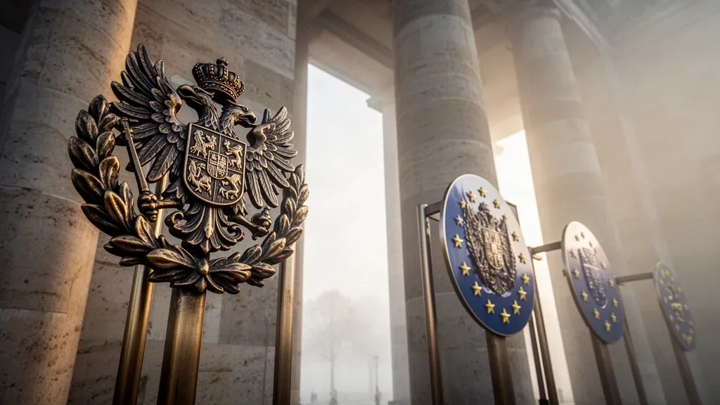 Флагштоки з прапорами Європейського Союзу біля будівлі дипломатичних інституцій на тлі осіннього неба
