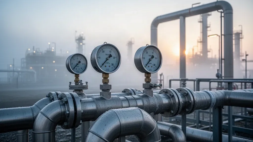 Індустріальні труби європейського газорозподільного термінала та манометри на світанку