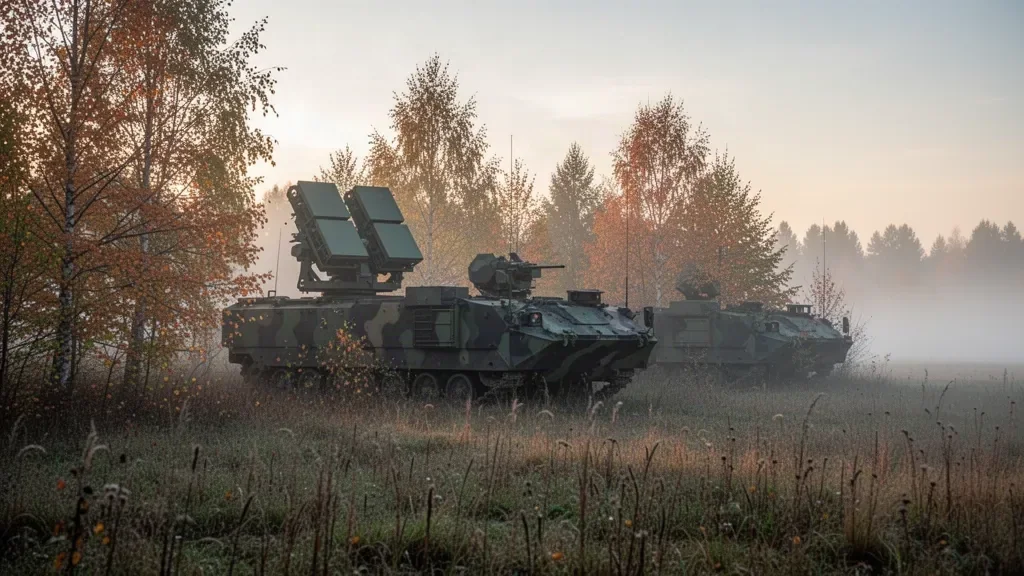 Военная техника и радиолокационное оборудование в поле на рассвете