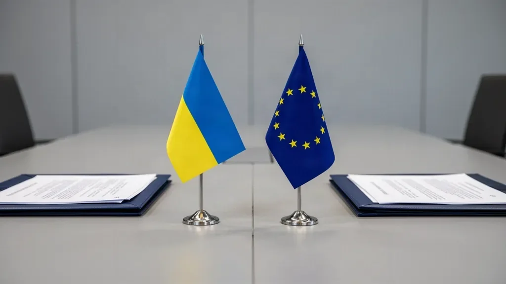 Прапори Європейського Союзу та Німеччини поруч із державною символікою під час офіційних переговорів