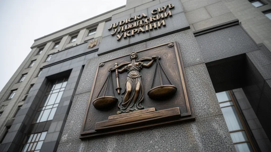Фасад здания Высшего антикоррупционного суда Украины крупным планом