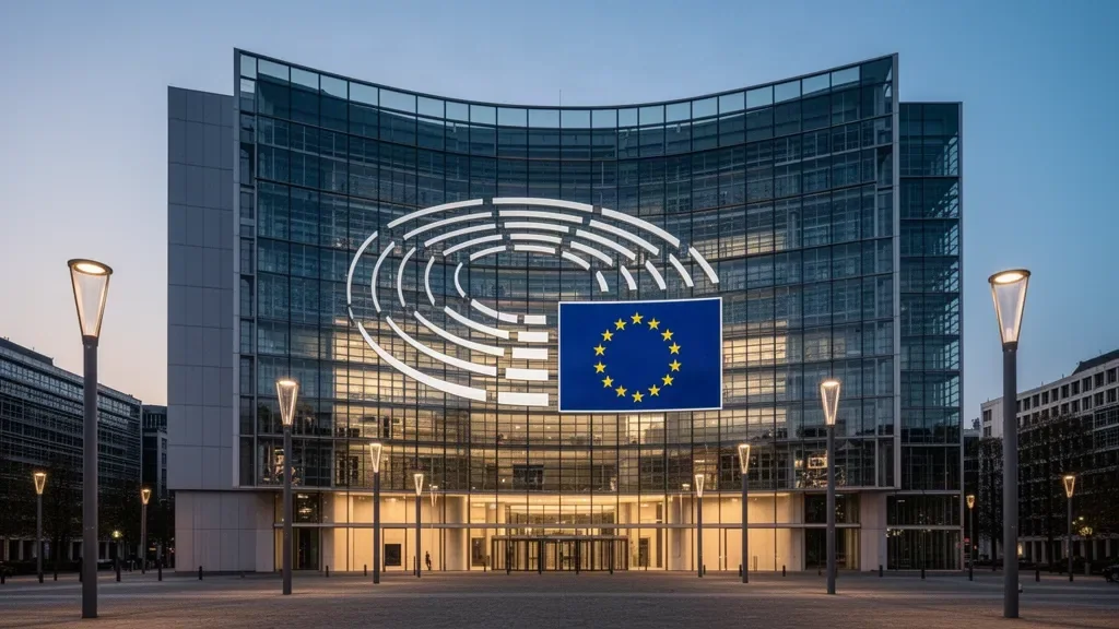 Скляні фасади будівель європейських інституцій у Брюсселі на тлі вечірнього неба