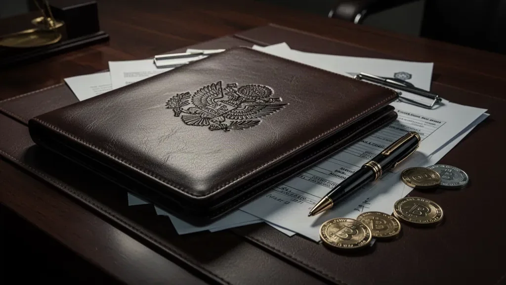 Золота печатка та дипломатичні документи на темній поверхні робочого столу