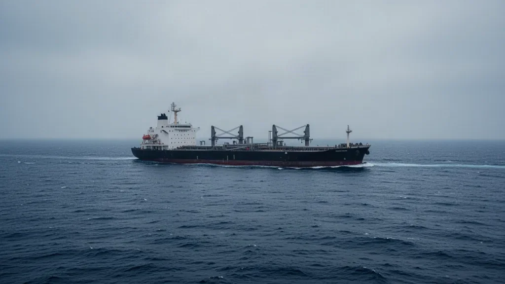Грузовое судно в море на горизонте во время штормовой погоды